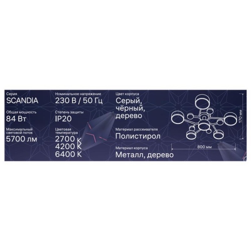 Люстра светодиодная SCANDIA 84Вт 800х800х170мм 30кв.м потолочная ДУ 3 режима диммир. сер./черн./дерево Ritter 52079 5 фото 4