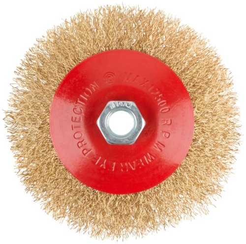 Корщетка-колесо с наклоном, гайка М14, стальная волнистая латунированная проволока 125 мм | код 39023 | FIT фото 2 Корщетка-колесо с наклоном, гайка М14, стальная волнистая латунированная проволока 125 мм | код 39023 | FIT фото 2