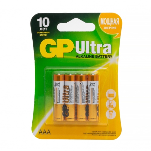 Алкалиновые батарейки GP Ultra Alkaline 24А AАA - 4 шт. на блистере 24AU-2CR4 | код 4891199027659 | GP Batteries