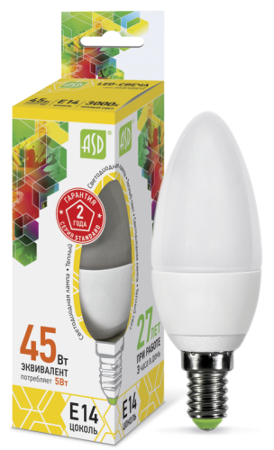 Лампа светодиодная LED-СВЕЧА-standard 5Вт 230В Е14 3000К 450Лм ASD | код 4690612002200 | ASD