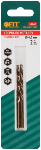 Сверло по металлу HSS с добавкой кобальта 5% Профи в блист. 4.5мм (уп.2шт) FIT 34445 фото 3 Сверло по металлу HSS с добавкой кобальта 5% Профи в блист. 4.5мм (уп.2шт) FIT 34445 фото 3