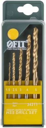Набор сверл HSS по металлу, титановое покрытие, 5 шт (1.5-2.5-3-4-5 мм) | код 34211 | FIT фото 3