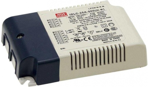 Источник питания AC-DC, 25.2Вт, вход 90…295В AC, 47…63Гц/125…417В DC, ККМ, выход 16.8…24В/1050мА, изоляция 3750В AC, в кожухе 110х75х22мм, -20…+90С (корпус), димминг 0...10 В/ШИМ, доп. выход 12В/50 мА | код IDLC-25A-1050 | MeanWell