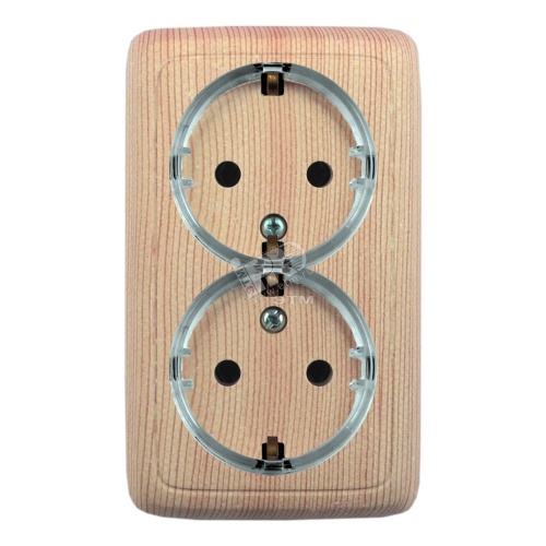 Розетка двойная наружная с заземлением с шторками с изолирующей пластиной (стакан) сосна | код РА16-184-02 | HEGEL