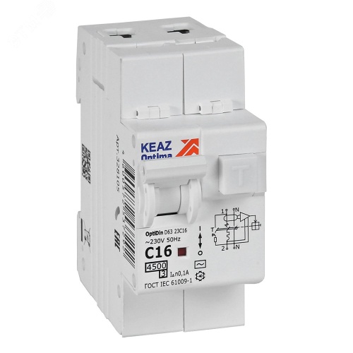 Выключатель автоматический дифференциального тока АВДТ с защитой от сверхтоков 2П 16А 100мА AC 4,5кА OptiDin D63-23C16-AC-У3 | код 328105 | КЭАЗ