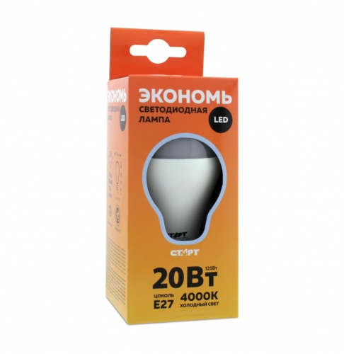 Лампа светодиодная СТАРТ ECO LEDGLSE27 20Вт 4000К холодный Форма - груша. Холодный белый свет. 20Вт, аналог лампы накаливания на 125Вт. Е27.Световой поток 1600Лм. | код 4680024812122 | СТАРТ