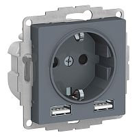 Розетка 3-м СП AtlasDesign 16А IP20 с 2-мя заряд. устройствами USB тип A+A 5В/2.4А 2х5В/1.2А механизм грифель | код ATN000730 | Schneider Electric