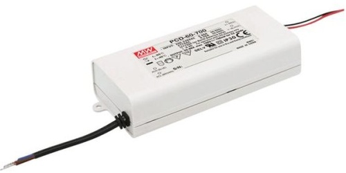 Источник питания AC-DC, 60Вт, ККМ, стабилизация тока, вход 180…295В AC, 47…63Гц, выход 1.05A/34…57В, изоляция 3750В AC, в кожухе 128х60х31.5мм, -30…+45С, возможность подключения диммера на входе | код PCD-60-1050B | MeanWell