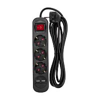 Удлинитель STANDARD 3 гнезда, 3м, 3х1,0мм?, с/з, с выключателем, 2 USB, черный REXANT | код 13-4022 | REXANT