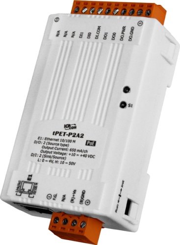 tPET-P2A2 CR Tiny Ethernet module with PoE, 2-ch DI and 2-ch DO (PNP, Source) (RoHS) | код 00-06074284 | ICP DAS