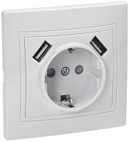 КВАРТА Розетка с заземлением со шторками белая 16А USBх2 2,1А | код KV-R14-16-U2-K01 | IEK