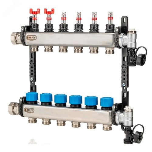 Коллектор из нержавеющей стали, регулируемый расходомер, воздухоотводчик, дренаж и клапан заполнения, 1” - 4 x 3/4” | код UFH-0605MDSS04 | Henco Коллектор из нержавеющей стали, регулируемый расходомер, воздухоотводчик, дренаж и клапан заполнения, 1” - 4 x 3/4” | код UFH-0605MDSS04 | Henco