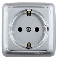 Розетка наружная с заземлением с изоляционной пластиной со шторками (стакан) серебро | код РА16-174-06 | HEGEL