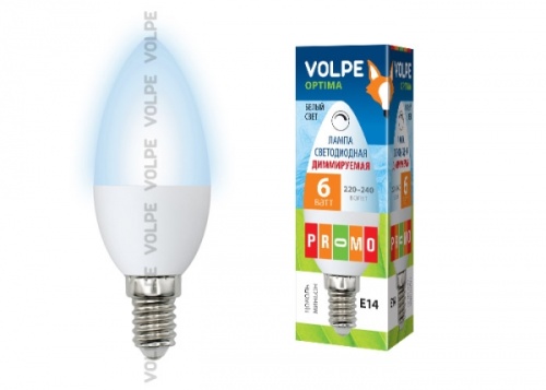 Лампа светодиодная LED-C37-6Вт 4500К E14 FR DIM O диммируемая. Форма свеча, матовая колба. пластик. белый. Серия Optima. картон. ТМ Volpe | код 10698 | VOLPE