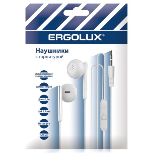 Наушники вакумные с микрофоном проводные ELX-WHP01P-C01 ПРОМО 3.5мм 1.2м пакет бел. | код 15277 | Ergolux