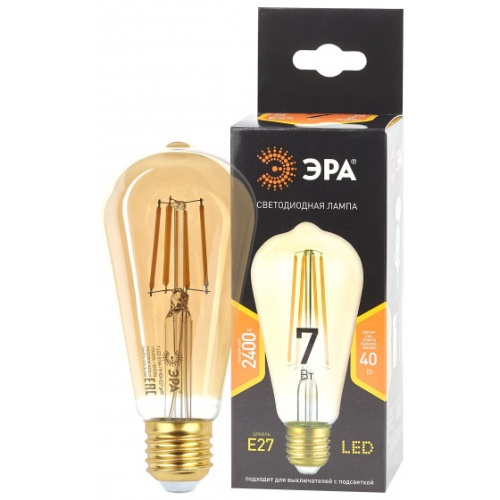 Лампа F-LED ST64-7W-824-E27 gold (филамент зол. 7Вт тепл. E27) (20/960) | Код. Б0047664 | ЭРА