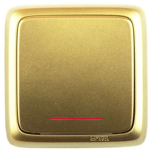 Переключатель одноклавишный наружный с изоляционной пластиной с индикацией золото 10А | код ВА10-164-07 | HEGEL