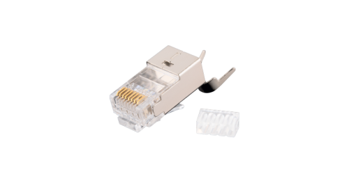 Коннектор NIKOMAX RJ45/8P8C под витую пару, Кат.6a(Класс Ea), 500МГц, покрытие 50мкд, универсальные ножи, экранированный, со вставкой, с хвостовиком, круглый ввод, уп-ка 100шт. | код NMC-RJ88RZ50SA3-T-100 | NIKOMAX