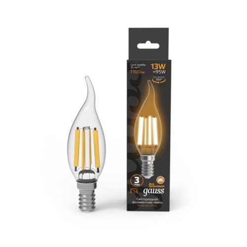 Лампа светодиодная филаментная Black Filament 13Вт свеча на ветру 2700К тепл. бел. E14 1100лм | код 104801113 | GAUSS