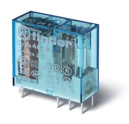 Реле электромеханическое универсальное миниатюрное, монтаж на печатную плату или в розетку, выводы с шагом 5мм, 2NO 8A, контакты AgNi, катушка 230В AC, степень защиты RTII | код 40.52.8.230.0300 | FINDER