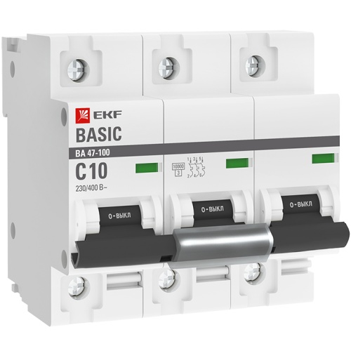 Автоматический выключатель 3P 10А (C) 10kA ВА 47-100 Basic | код mcb47100-3-10C-bas | EKF