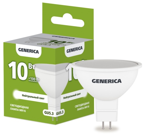 Лампа светодиодная MR16 софит 10Вт 230В 4000К GU5.3 GENERICA | код LL-MR16-10-230-40-GU5-G | IEK