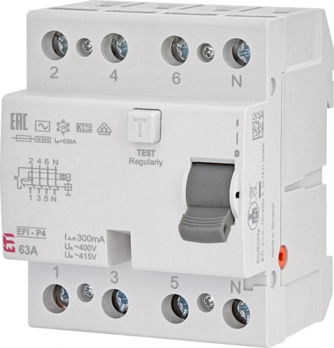 Реле дифференциальное (УЗО) 4р EFI-P4 63/0,3 тип AC (10kA) | код 002061633 | ETI