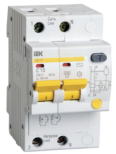 Выключатель автоматический дифференциальный АД-12 2п 10А 100мА С | код MAD10-2-010-C-100 | IEK