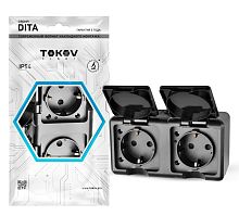 Розетка 2-м ОП Dita 16А IP54 250В с заземл. с крышкой карбон | код TKL-DT-R2Z-C14-IP54 | TOKOV ELECTRIC