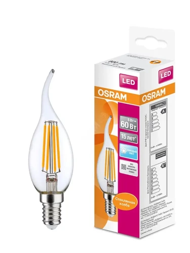 Лампа светодиодная LED 5Вт E14 CLB60 белый, Filament прозр.свеча на ветру | код 4058075212367 | LEDVANCE