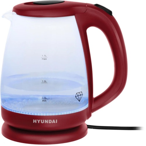 Чайник электрический Hyundai HYK-G1002 1.7л. 2200Вт бордовый корпус: стекло/пластик | код 1180722 | HYUNDAI