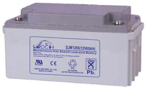 DJM1265 LEOCH Аккумуляторная батарея для ИБП, систем охраны и пожарной безопасности, напряжение: 12В, ёмкость: 65Ач, клеммы типа: Т6, Размеры ДШВ: 348х143х164мм, вес: 21кг. Срок службы: до 12 лет. | код DJM1265 | LEOCH