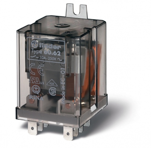 Универсальное электромеханическое реле, монтаж в наконечники Faston 187 (4.8х0.8мм), 2CO 10A, контакты AgNi, катушка 230В AC, степень защиты RTI, боковой монтажный фланец, опции: нет | код 606282300000 | FINDER