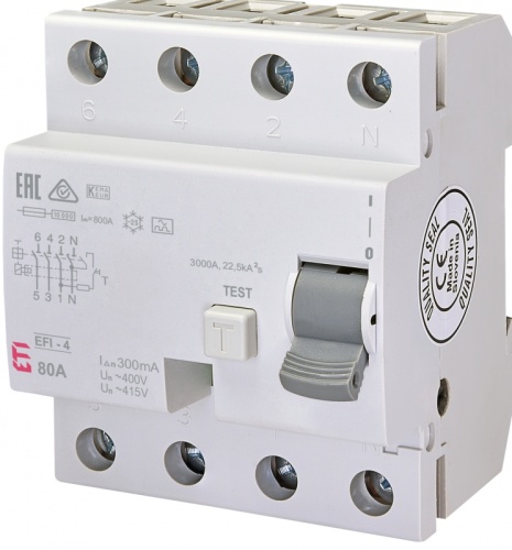 Реле дифференциальное (УЗО) 4р EFI-4 80/0,3 тип A (10kA) | код 002064545 | ETI