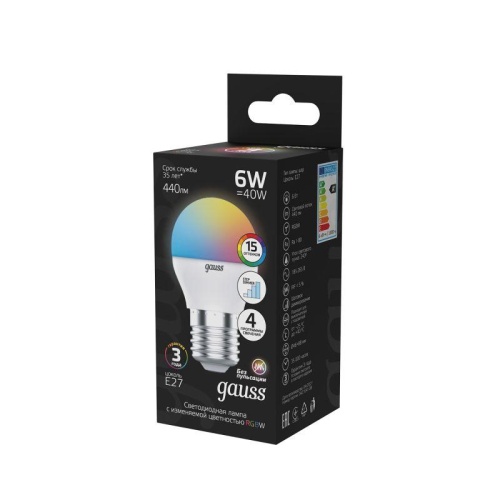 Лампа светодиодная LED 6 Вт 440 лм RGBW шар P45 E27 AC 220В RGBW и димирование от пульта Black Gauss | код 105102406 | Gauss фото 2 Лампа светодиодная LED 6 Вт 440 лм RGBW шар P45 E27 AC 220В RGBW и димирование от пульта Black Gauss | код 105102406 | Gauss фото 2