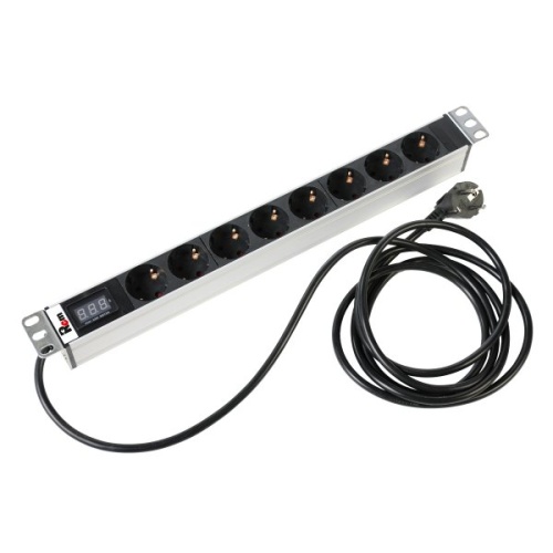 Блок розеток Rem-16 с амп., 8 Schuko, 16 A, алюм., 19, шнур 3 м | код R-16-8S-Am-440-3 | REM