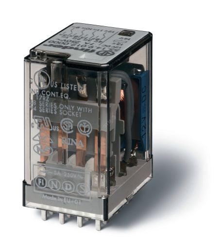 Реле электромеханическое универсальное миниатюрное, монтаж на печатную плату, 4CO 7A, контакты AgNi, катушка 230В АC, степень защиты RTI, опции: нет | код 55.14.8.230.0000 | FINDER