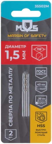 Сверла по металлу HSS в блистере, угол заточки 118°, 1,5 x 43 мм (2 шт.) | код 35502М | FIT фото 3