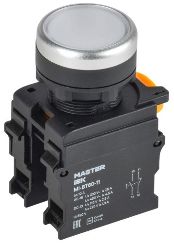 Кнопка d=22мм 1NO+1NC белая MASTER IEK | код MI-BT60-11-3-22-K01 | IEK