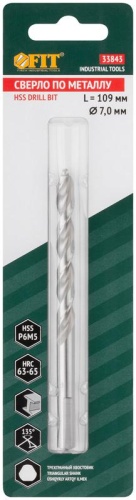 Сверло по металлу HSS полированное, центровочный наконечник, Р6М5, блистер 7,0х109 мм ( 1 шт.) | код 33843 | FIT фото 3 Сверло по металлу HSS полированное, центровочный наконечник, Р6М5, блистер 7,0х109 мм ( 1 шт.) | код 33843 | FIT фото 3