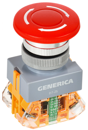 Кнопка D7-ZS Грибок d=22мм 1з+1р пов. с фикс. кр. GENERICA | код BBG50-11ZS-3-21-K04-G | GENERICA by IEK