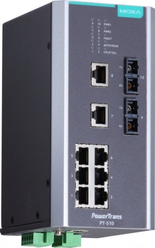 Коммутатор PT-510-SS-SC-HV IEC 61850-3 managed DIN-Rail switch, 8 x 10/100BaseT(X), 2 x 100BaseFX SM, SC connectors, 1 power supply | код 00-06074506 | MOXA