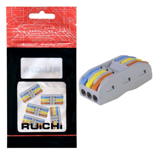 Клемма зажимная проходная 6-контактная 3-проводная RUICHI LC-203, медь, цвет красный/синий/желтый, упаковка 5 шт. | код 115413 | Ruichi