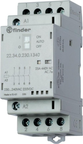Контактор модульный 4NO 25А AgSnO2 230В AC/DC 35мм IP20 опции: мех. индикатор + LED | код 223402304320 | FINDER