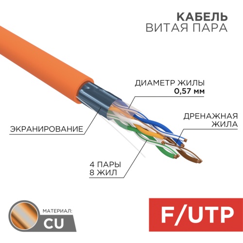 REXANT Кабель витая пара F/UTP, категория 6, ZH нг(А)-HF, 4PR, 23AWG, внутренний, оранжевый, 305 м | код 01-0151 | REXANT
