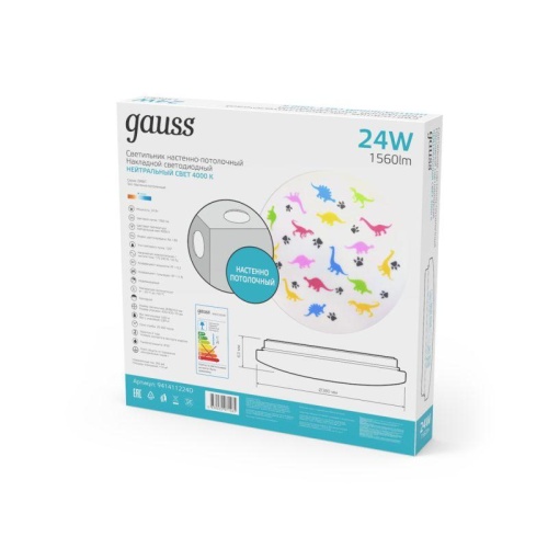 Светильник светодиодный 380х63 24Вт 4000К IP20 1560Лм круг (динозавр) настенно-потолочный накладной GAUSS 941411224D фото 2