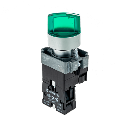 Переключатель с LED подсветкой, 220V AC/DC, зеленый, 2 полож. 1NO, фикс., мет. MTB2-BK2363 | код 58214 | MEYERTEC