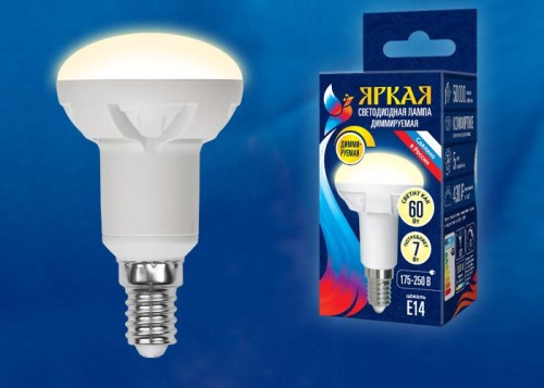 LED-R50 7W/3000K/E14/FR/DIM PLP01WH Лампа светодиодная, диммируемая. Форма ''Рефлектор'', матовая. Серия Яркая. Теплый белый свет (3000K). Картон. ТМ Uniel.''