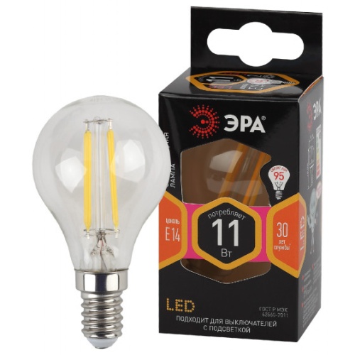 Лампа светодиодная филаментная F-LED P45-11w-827-E14 P45 11Вт шар E14 тепл. бел. | Код. Б0047012 | ЭРА