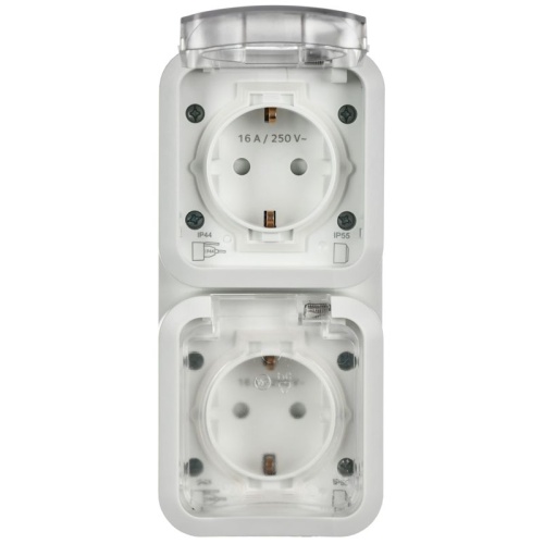 Розетка 2-м ОП TORS TS332 16А IP55 вертикал. с заземл. с крышкой бел. IEK TS-R26-16-55-V-K01